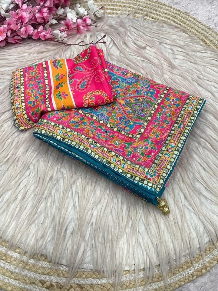 P5800 Chinnon Mirror Work Saree