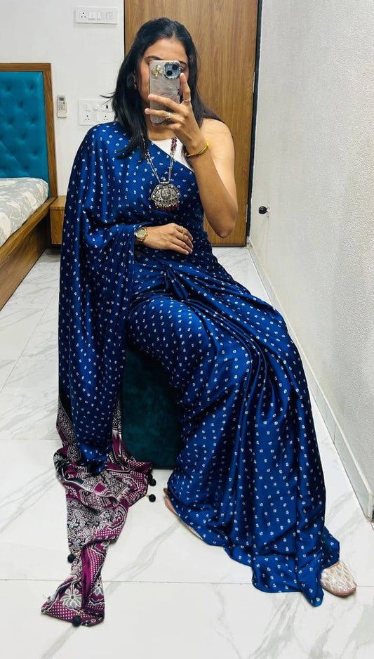 P3295 Ajrakh Satin Silk Saree