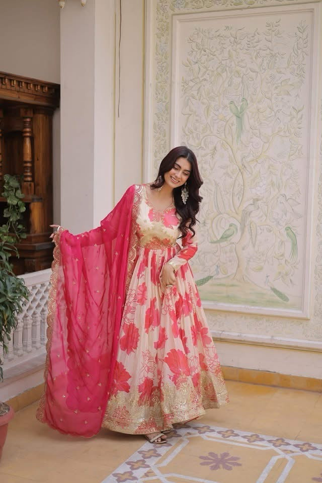 P5708 Russian Silk Gown Dupatta Suit