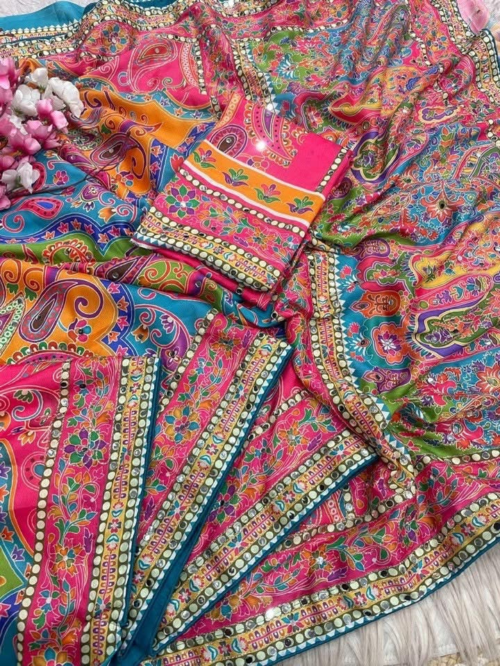P5800 Chinnon Mirror Work Saree