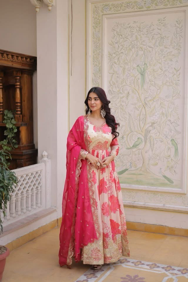 P5708 Russian Silk Gown Dupatta Suit