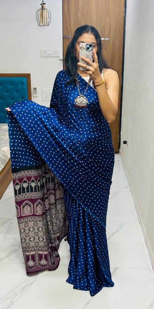 P3295 Ajrakh Satin Silk Saree