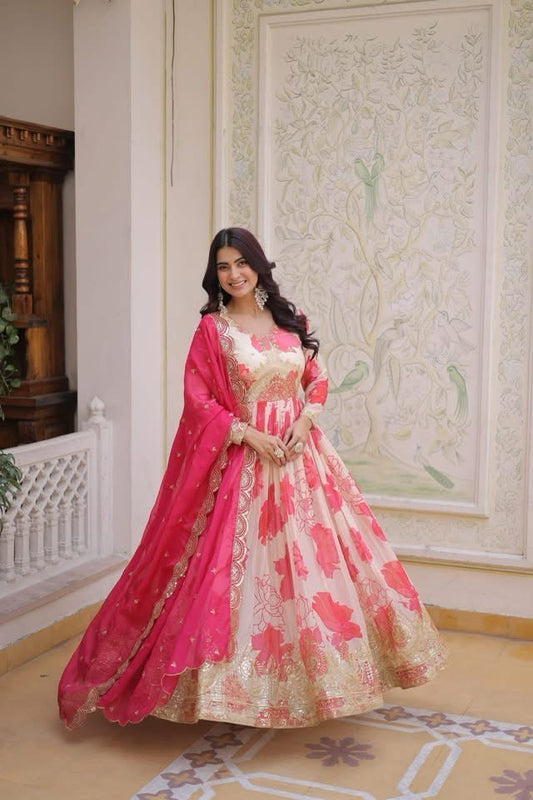 P5708 Russian Silk Gown Dupatta Suit