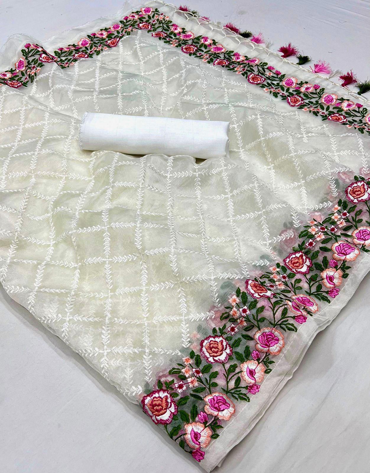 Organza Chikankari Saree with Floral Border