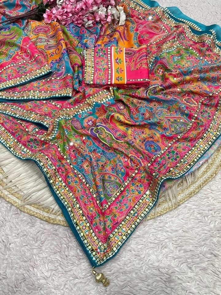 P5800 Chinnon Mirror Work Saree